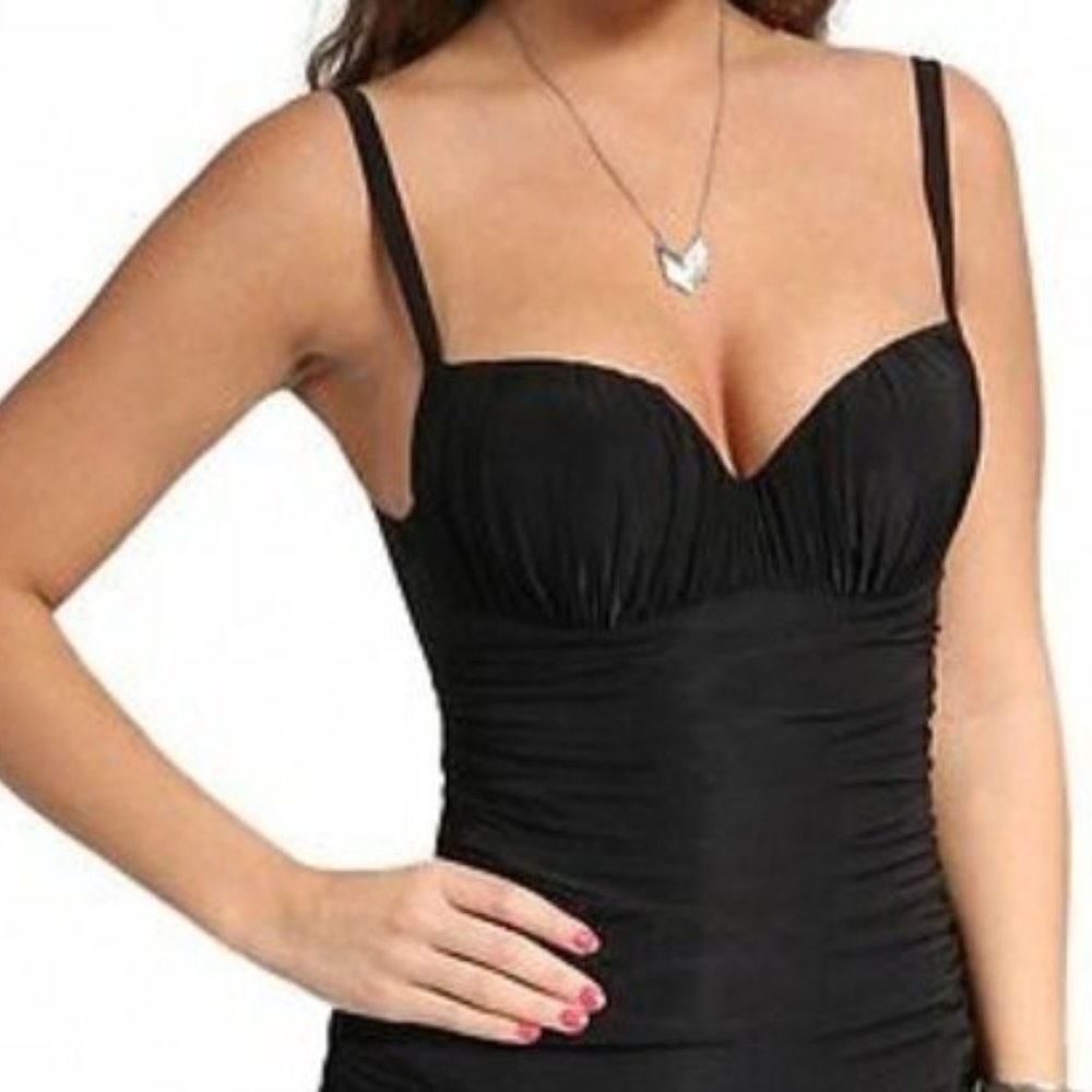 NWT GOTTEX Black Pleated Ruched Goddess Style One Piece Swimsuit SZ 16